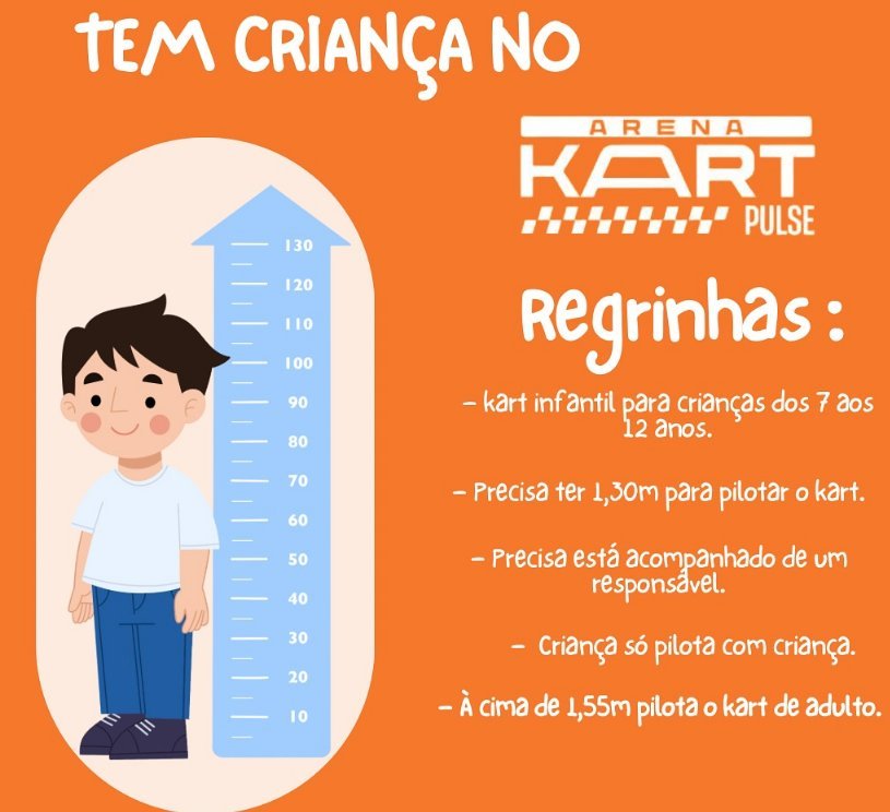 Regrinhas do kart infantil: 7 a 12 anos, mínimo 1,30 m, acompanhado de responsável, criança pilota com criança e acima de 1,55 m pilota kart adulto