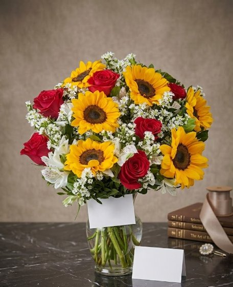 Bouquet com 6 girassóis e 6 rosas vermelhas