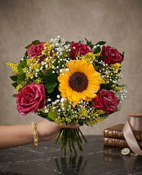 Bouquet com 5 rosas e 1 girassol