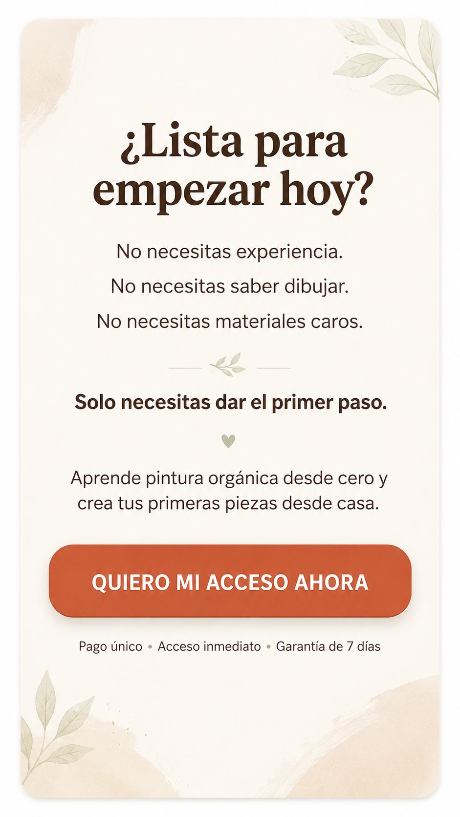 CTA final do Curso de Pintura Orgánica com botão Quero mi acceso ahora